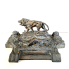 CALAMAIO BRONZO SCULTURA FIGURA ALLEGORICA FEMMINILE LEONE INIZIO XX sec 31cm/L