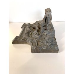 CALAMAIO BRONZO SCULTURA FIGURA ALLEGORICA FEMMINILE LEONE INIZIO XX sec 31cm/L