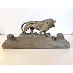 CALAMAIO BRONZO SCULTURA FIGURA ALLEGORICA FEMMINILE LEONE INIZIO XX sec 31cm/L