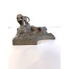 CALAMAIO BRONZO SCULTURA FIGURA ALLEGORICA FEMMINILE LEONE INIZIO XX sec 31cm/L