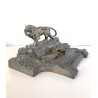 CALAMAIO BRONZO SCULTURA FIGURA ALLEGORICA FEMMINILE LEONE INIZIO XX sec 31cm/L