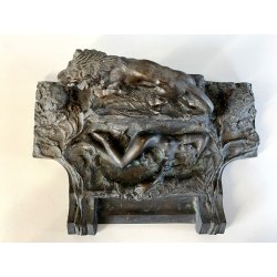 CALAMAIO BRONZO SCULTURA FIGURA ALLEGORICA FEMMINILE LEONE INIZIO XX sec 31cm/L