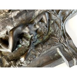 CALAMAIO BRONZO SCULTURA FIGURA ALLEGORICA FEMMINILE LEONE INIZIO XX sec 31cm/L