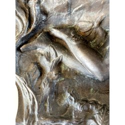 CALAMAIO BRONZO SCULTURA FIGURA ALLEGORICA FEMMINILE LEONE INIZIO XX sec 31cm/L