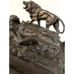 CALAMAIO BRONZO SCULTURA FIGURA ALLEGORICA FEMMINILE LEONE INIZIO XX sec 31cm/L