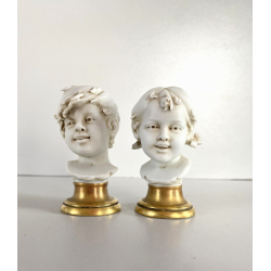 COPPIA BUSTO FANCIULLI SCULTURA CERAMICA BISCUIT Triade PBB Benacchio 7,2 cm/h