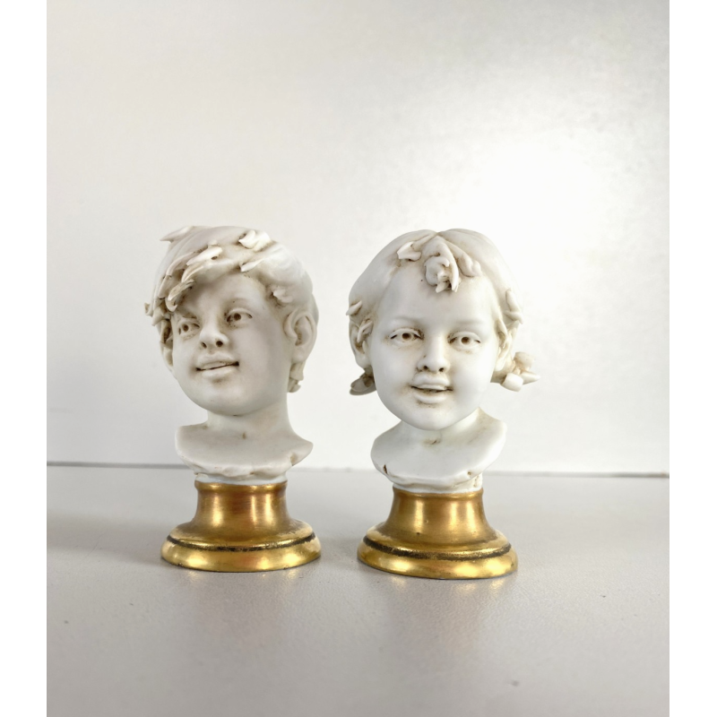 COPPIA BUSTO FANCIULLI SCULTURA CERAMICA BISCUIT Triade PBB Benacchio 7,2 cm/h