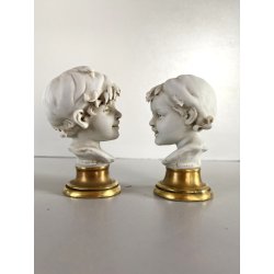 COPPIA BUSTO FANCIULLI SCULTURA CERAMICA BISCUIT Triade PBB Benacchio 7,2 cm/h