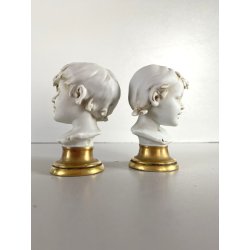 COPPIA BUSTO FANCIULLI SCULTURA CERAMICA BISCUIT Triade PBB Benacchio 7,2 cm/h