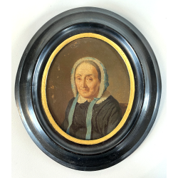 ANTICO DIPINTO OLIO OVALE RITRATTO ANZIANA DONNA ABITO NERO CUFFIA FINE XIX sec