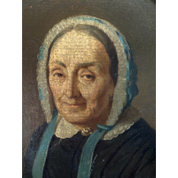 ANTICO DIPINTO OLIO OVALE RITRATTO ANZIANA DONNA ABITO NERO CUFFIA FINE XIX sec