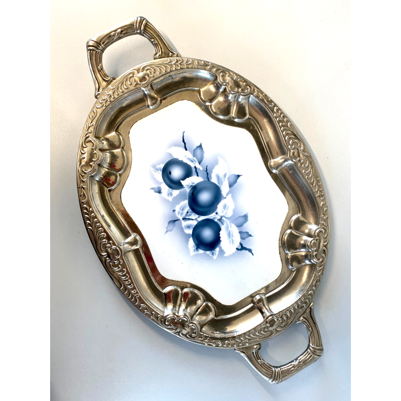 VASSOIO PORTATA OVALE METALLO DECORO SBALZO CERAMICA ART DECò PRIMO XX sec.