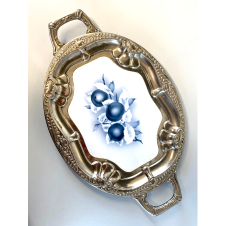 VASSOIO PORTATA OVALE METALLO DECORO SBALZO CERAMICA ART DECò PRIMO XX sec.