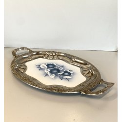 VASSOIO PORTATA OVALE METALLO DECORO SBALZO CERAMICA ART DECò PRIMO XX sec.
