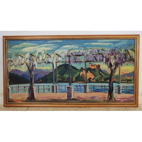QUADRO DIPINTO olio tela Carlo Monti PAESAGGIO ROCCA ANGERA Lago Maggiore ARONA