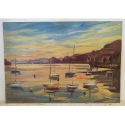 QUADRO DIPINTO olio tela Carlo Monti PAESAGGIO TRAMONTO Meina Lago Maggiore SHIP