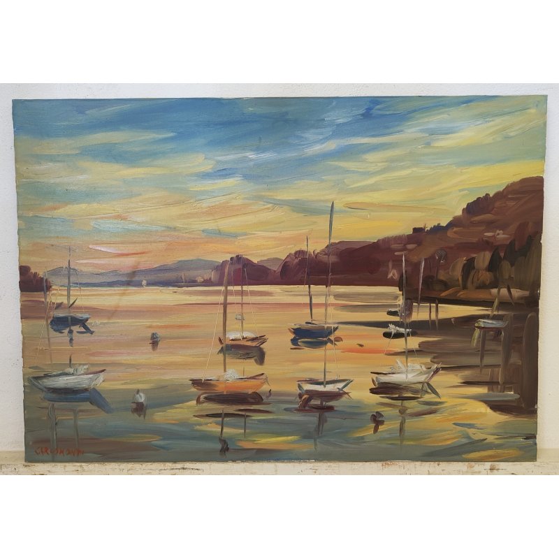 QUADRO DIPINTO olio tela Carlo Monti PAESAGGIO TRAMONTO Meina Lago Maggiore SHIP
