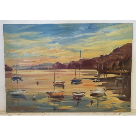 QUADRO DIPINTO olio tela Carlo Monti PAESAGGIO TRAMONTO Meina Lago Maggiore SHIP