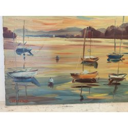 QUADRO DIPINTO olio tela Carlo Monti PAESAGGIO TRAMONTO Meina Lago Maggiore SHIP