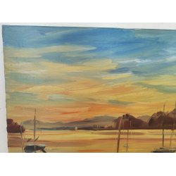 QUADRO DIPINTO olio tela Carlo Monti PAESAGGIO TRAMONTO Meina Lago Maggiore SHIP