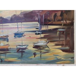 QUADRO DIPINTO olio tela Carlo Monti PAESAGGIO TRAMONTO Meina Lago Maggiore SHIP