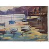 QUADRO DIPINTO olio tela Carlo Monti PAESAGGIO TRAMONTO Meina Lago Maggiore SHIP