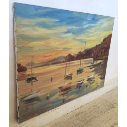 QUADRO DIPINTO olio tela Carlo Monti PAESAGGIO TRAMONTO Meina Lago Maggiore SHIP