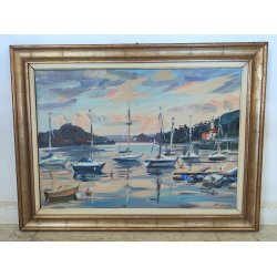 QUADRO DIPINTO olio tela Carlo Monti PAESAGGIO BARCHE ALBA Meina Lago Maggiore