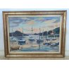 QUADRO DIPINTO olio tela Carlo Monti PAESAGGIO BARCHE ALBA Meina Lago Maggiore