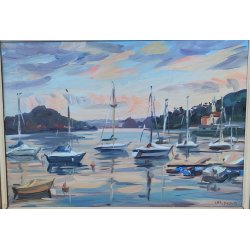 QUADRO DIPINTO olio tela Carlo Monti PAESAGGIO BARCHE ALBA Meina Lago Maggiore