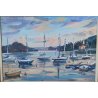 QUADRO DIPINTO olio tela Carlo Monti PAESAGGIO BARCHE ALBA Meina Lago Maggiore
