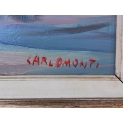 QUADRO DIPINTO olio tela Carlo Monti PAESAGGIO BARCHE ALBA Meina Lago Maggiore