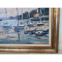 QUADRO DIPINTO olio tela Carlo Monti PAESAGGIO BARCHE ALBA Meina Lago Maggiore