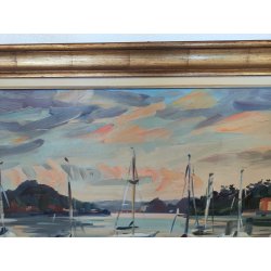 QUADRO DIPINTO olio tela Carlo Monti PAESAGGIO BARCHE ALBA Meina Lago Maggiore