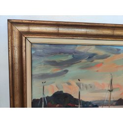 QUADRO DIPINTO olio tela Carlo Monti PAESAGGIO BARCHE ALBA Meina Lago Maggiore