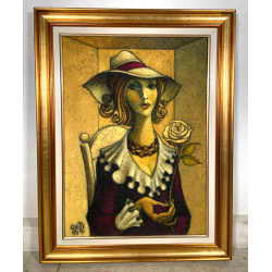 GRANDE QUADRO DESIGN Caizzi DIPINTO ACRILICO TELA Belgirate '85 RITRATTO DONNA