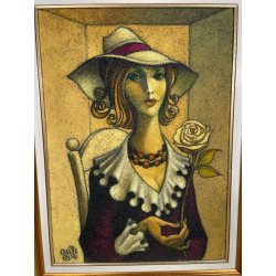 GRANDE QUADRO DESIGN Caizzi DIPINTO ACRILICO TELA Belgirate '85 RITRATTO DONNA