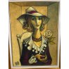 GRANDE QUADRO DESIGN Caizzi DIPINTO ACRILICO TELA Belgirate '85 RITRATTO DONNA