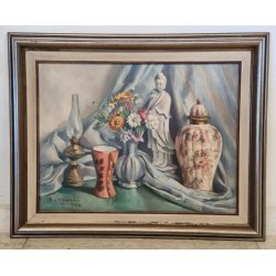 QUADRO DIPINTO OLIO TELA Francesco Rinone 1964 NATURA MORTA Vaso Fiori Statua