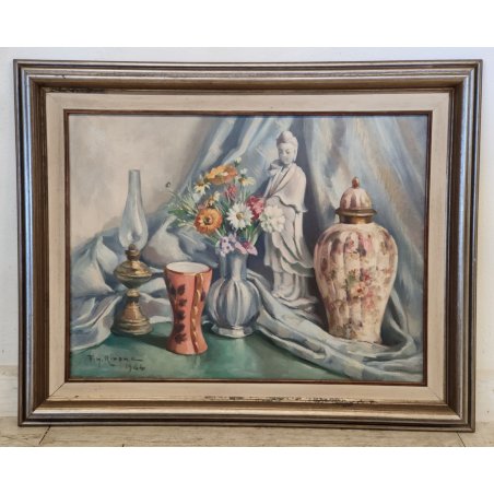 QUADRO DIPINTO OLIO TELA Francesco Rinone 1964 NATURA MORTA Vaso Fiori Statua