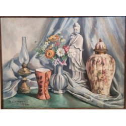 QUADRO DIPINTO OLIO TELA Francesco Rinone 1964 NATURA MORTA Vaso Fiori Statua