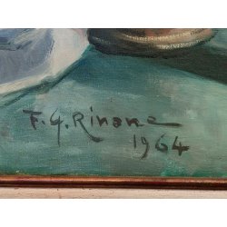 QUADRO DIPINTO OLIO TELA Francesco Rinone 1964 NATURA MORTA Vaso Fiori Statua