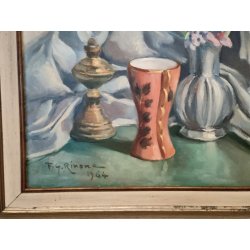 QUADRO DIPINTO OLIO TELA Francesco Rinone 1964 NATURA MORTA Vaso Fiori Statua