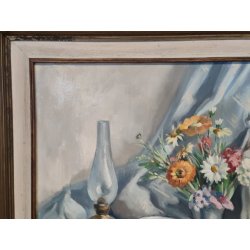 QUADRO DIPINTO OLIO TELA Francesco Rinone 1964 NATURA MORTA Vaso Fiori Statua