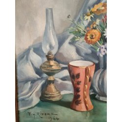 QUADRO DIPINTO OLIO TELA Francesco Rinone 1964 NATURA MORTA Vaso Fiori Statua