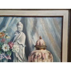 QUADRO DIPINTO OLIO TELA Francesco Rinone 1964 NATURA MORTA Vaso Fiori Statua