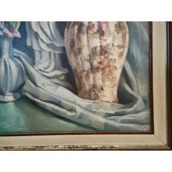 QUADRO DIPINTO OLIO TELA Francesco Rinone 1964 NATURA MORTA Vaso Fiori Statua