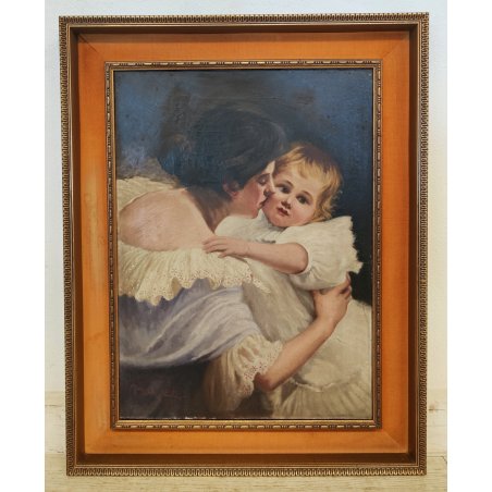 ANTICO QUADRO DIPINTO olio tela 1924 RITRATTO Mich. Colio BACIO l' Amore Materno