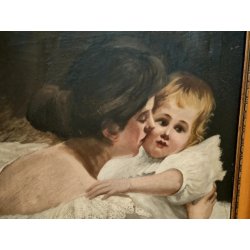 ANTICO QUADRO DIPINTO olio tela 1924 RITRATTO Mich. Colio BACIO l' Amore Materno