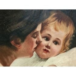 ANTICO QUADRO DIPINTO olio tela 1924 RITRATTO Mich. Colio BACIO l' Amore Materno